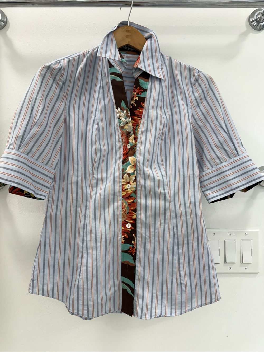 Dolce & Gabbana Light Blue and Brown Striped Button-Down with Floral Placket